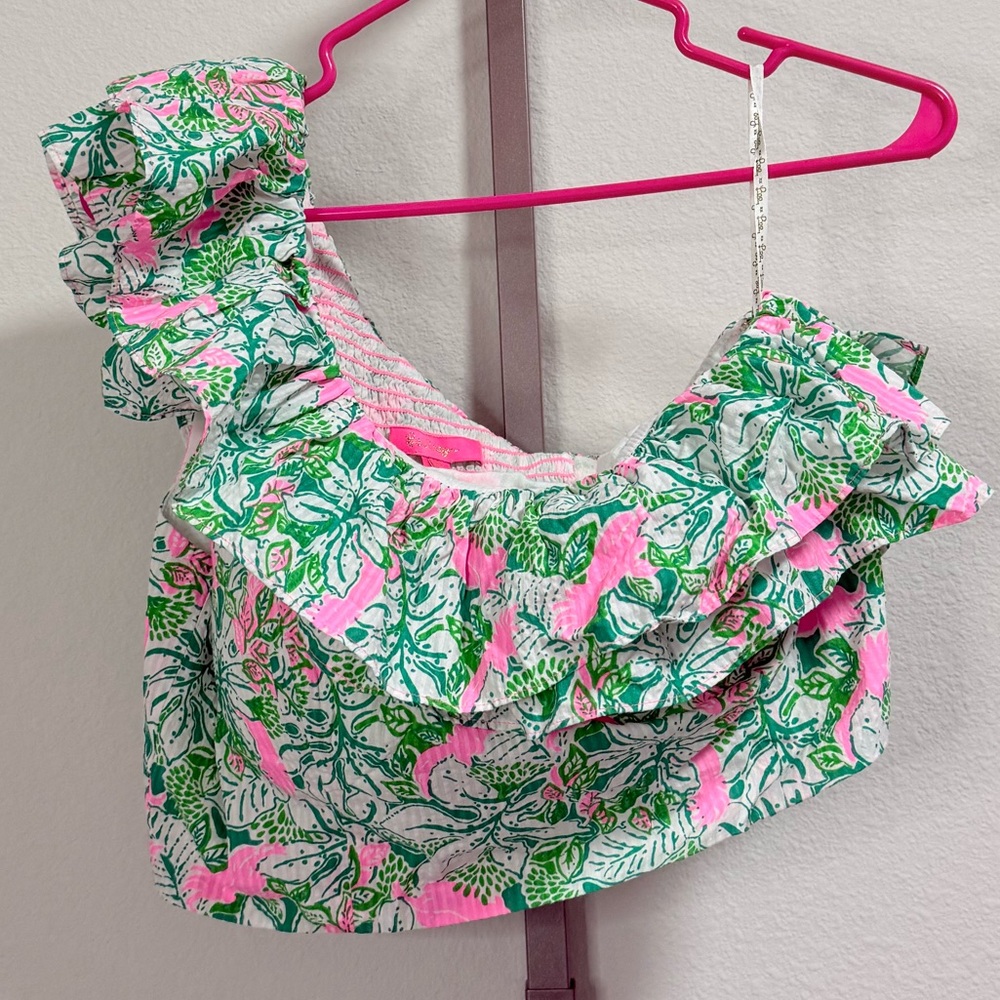 Lilly Pulitzer Kasida Ruffle One Crop Top in Botanical Green Just Wing It - Picture 8 of 11